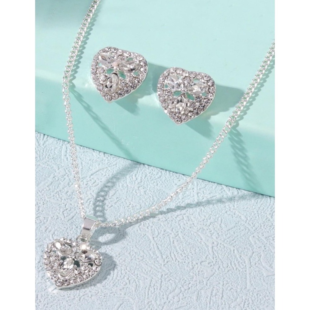 Silver Heart Rhinestone Necklace and Earrings Jewelry Set Bridal Prom Wedding